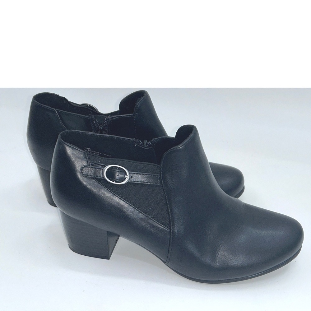 White Mountain Faux Leather Ankle Booties Black Buckle Heel Size 10W western - Picture 3 of 14